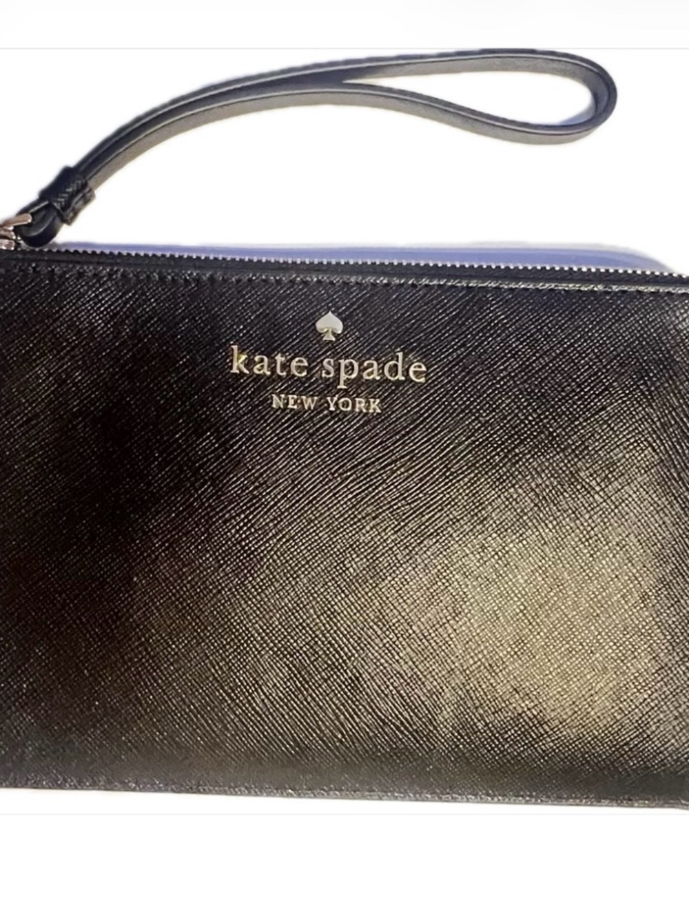 kate spade black leather wristlet with gold logo